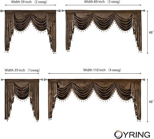 Miniatura 4 de OYRING Cenefa de cascada de terciopelo chocolate para dormitorio, cenefas de ventana para sala de estar con bolsillo para barra (1 panel, 110