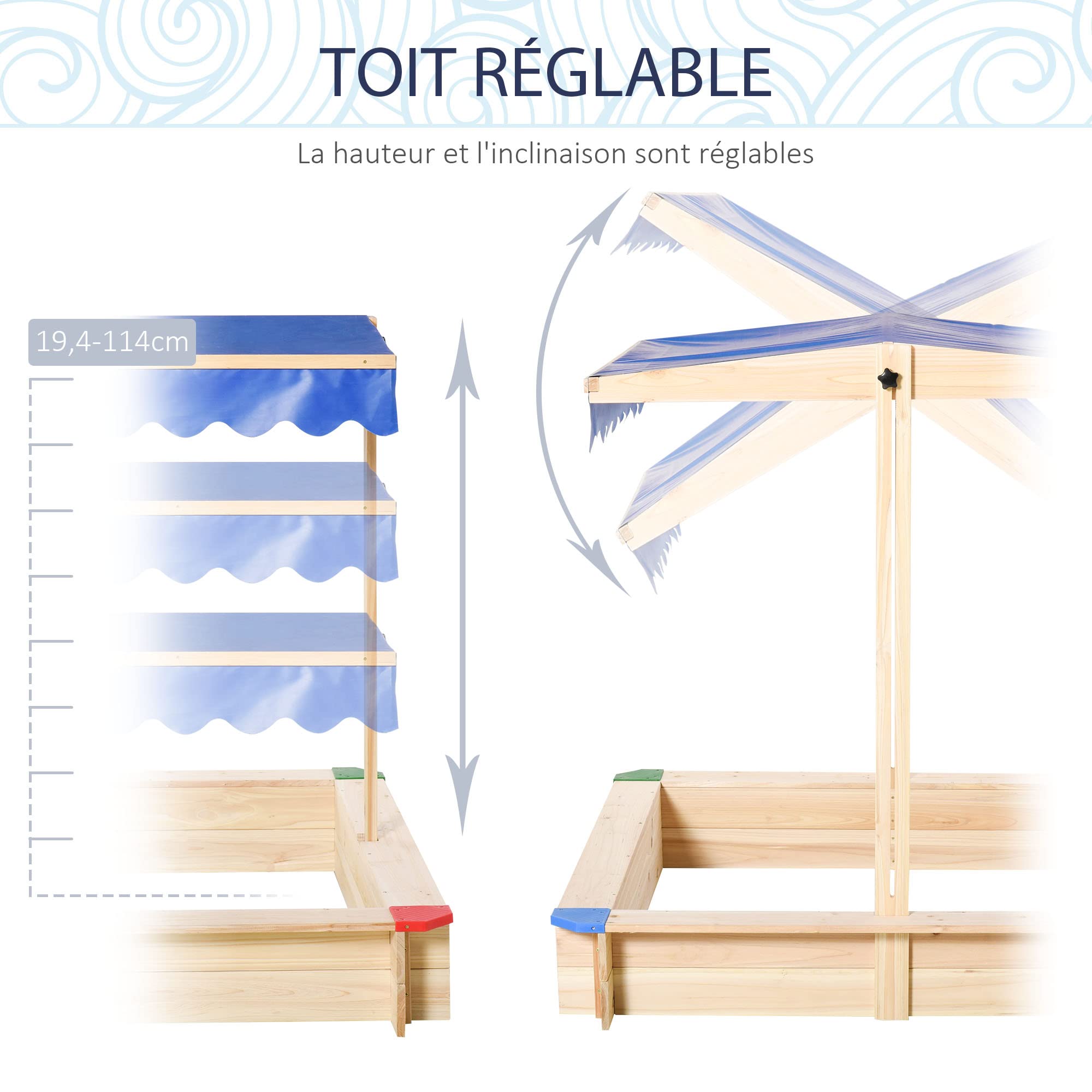 Outsunny Bac à Sable Bois carré avec Couvercle dim. 1,2L x 1,2l x 1,2H m - Hauteur et Inclinaison Toit réglables - Bois Naturel de pin