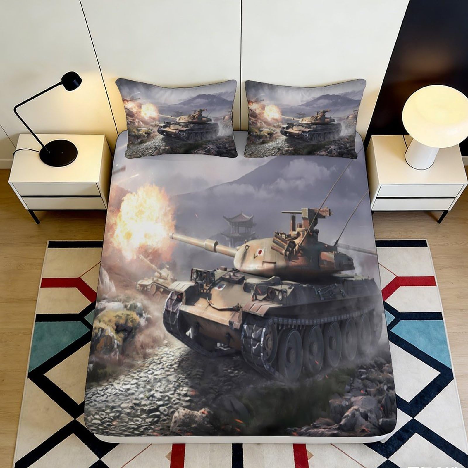 3D Printed Military Tank Fitted Sheet Microfiber Durable Soft Bed Cover with 3D Battle Scene Mattress Cover for Bedroom Dormitory Guest Room 180x200x25cm