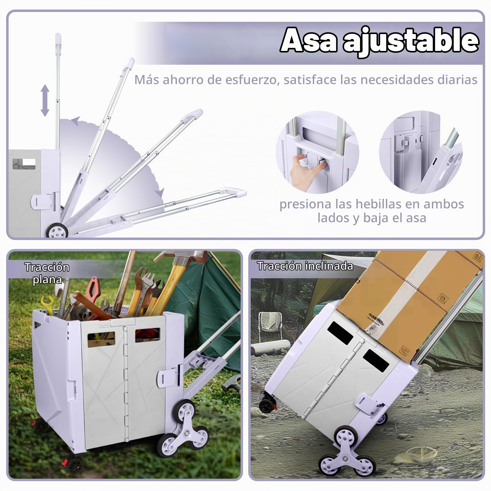 LexonElec x SELORSS Carrito De Compras Plegable con Ruedas para Subir Escaleras, Mango Telescópico Ajustable De Aluminio Y Tapa, Caja De Utilidad Portátil Plegable, 90 Kg/76 litros - Púrpura Gris