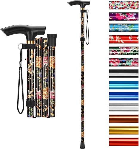 SupreGear Bastón plegable, de viaje, portátil, 5 niveles de altura ajustable, ligero, con correa para la muñeca y mango en T, para personas mayores,