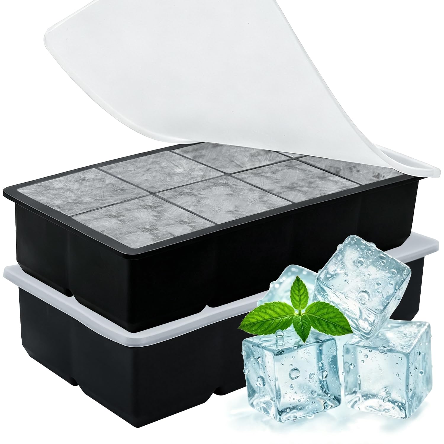 Silicone Ice Cube Tray, 8 Square Ice Cube Tray with Lid, 2inch Large Ice Cube Moulds, Large Silicone Ice Cube Trays for Whiskey, Cocktail, Ice Drink