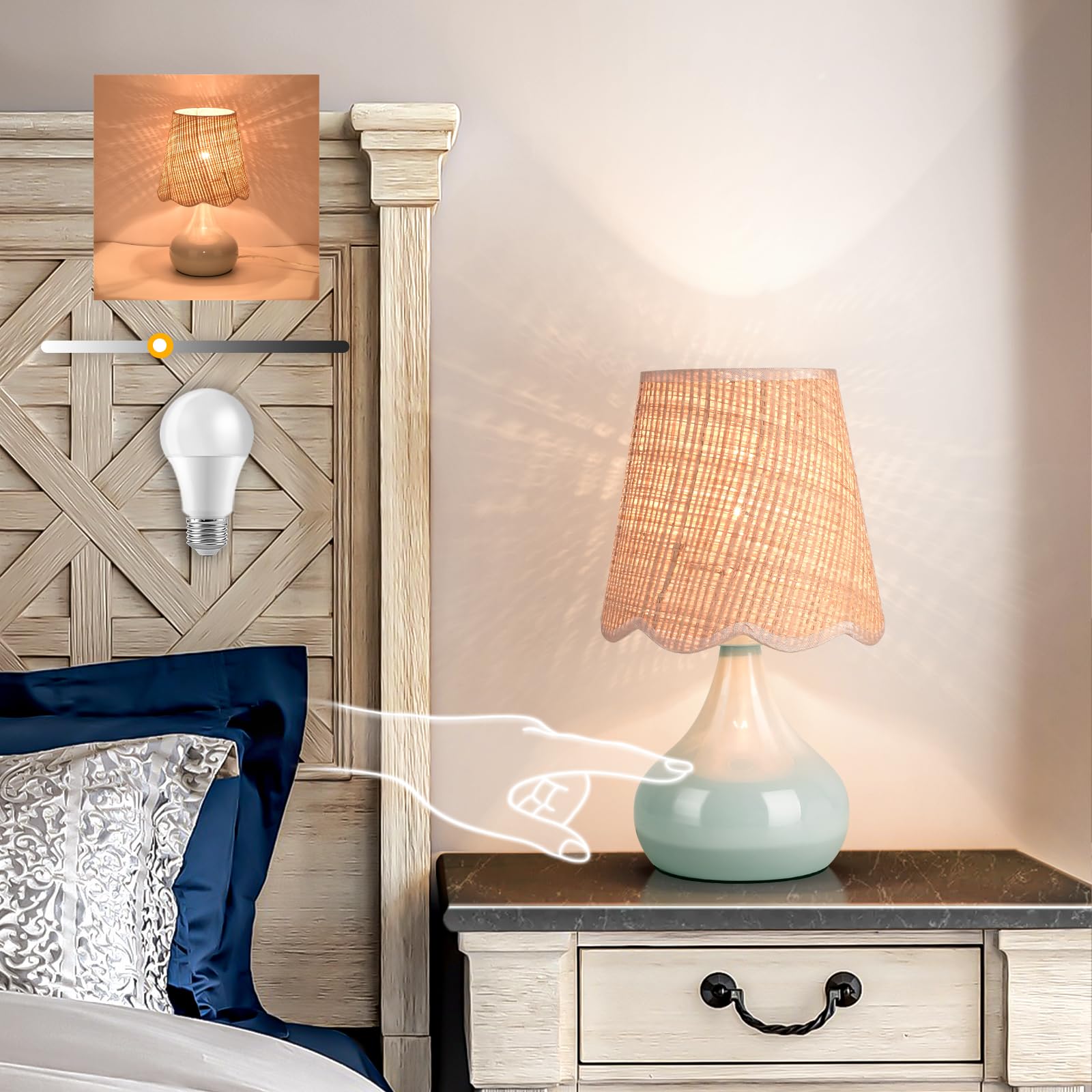 Blue Small Touch Control Table Lamp for Bedroom, Blue Bedside Lamps for Nightstand,Cute Mini Small Table Lamps for Small Spaces with Scalloped Shade for Kitchen Counter,Bookshelf,Living Room