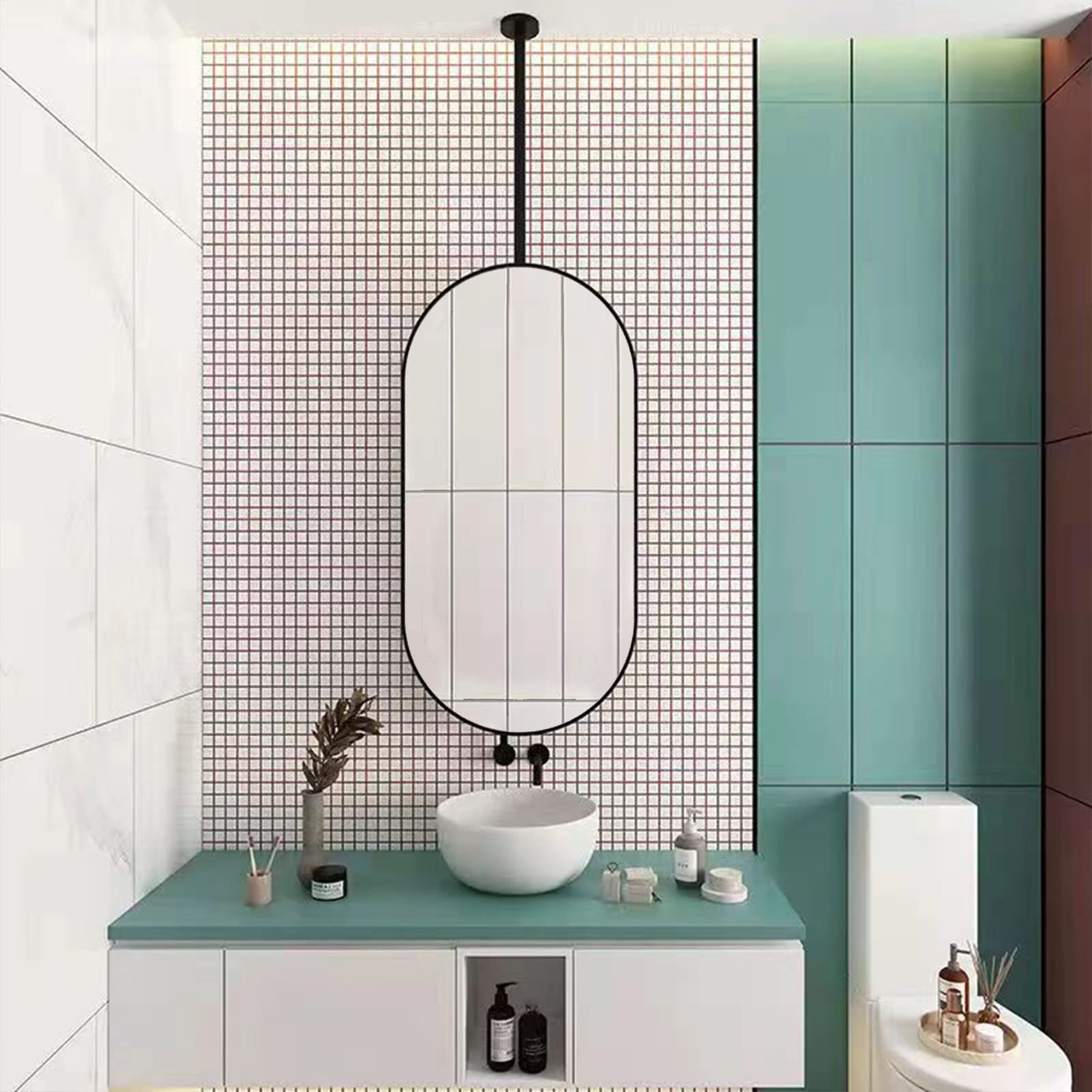 Specchio Decorativo Galleggiante da Appendere al Soffitto, Specchi da toeletta da Parete per Bagno con Cornice in Metallo Nero e Specchi da Barba per Trucco da Bagno con Boom - Ovale (Dimens