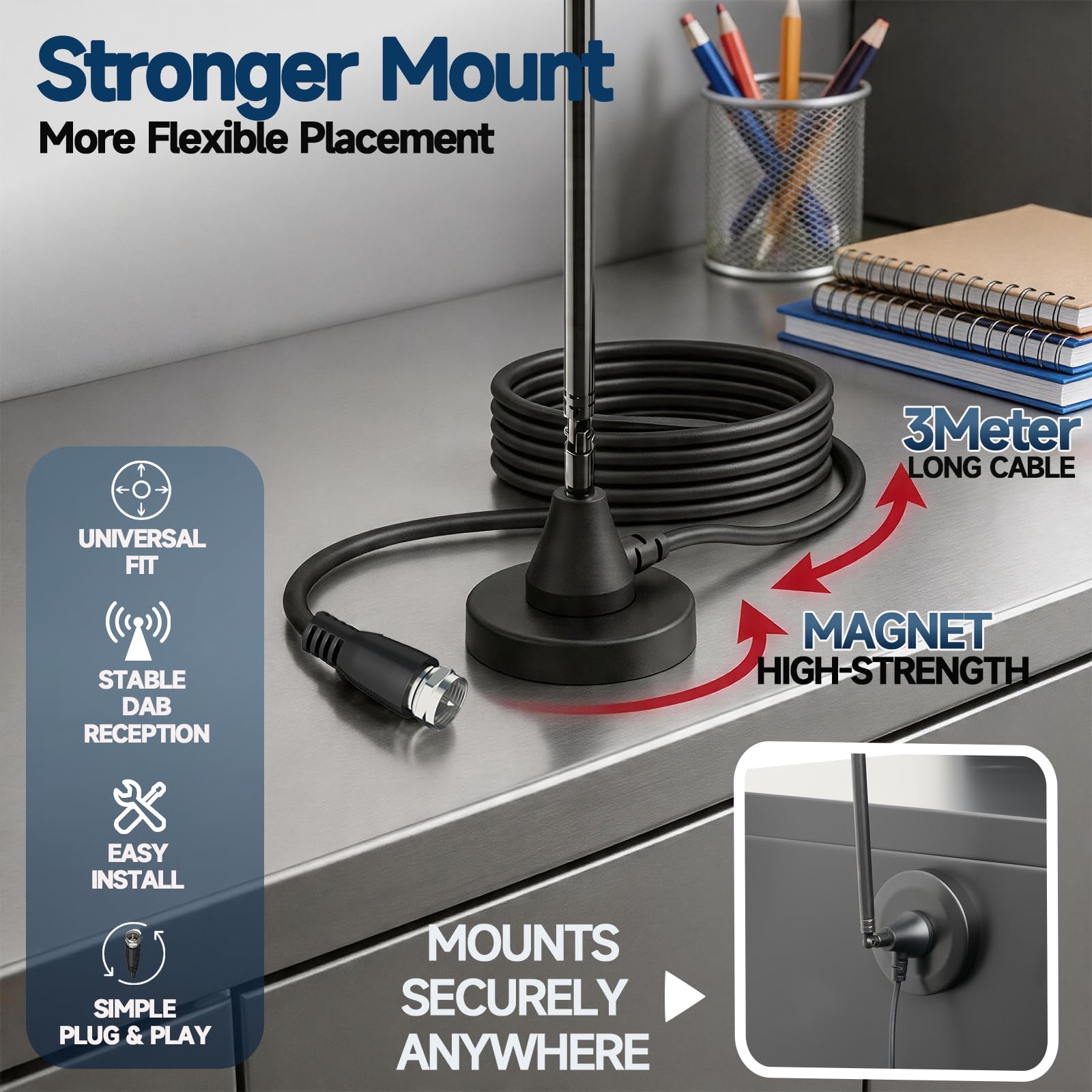 Bingfu Antenna Radio DAB+ FM, Antenna Telescopica Digitale con Base Magnetica, Cavo Coassiale 3 m, Set Adattatori, 75 Ohm per Ricevitore Stereo e Sistemi AV Casa