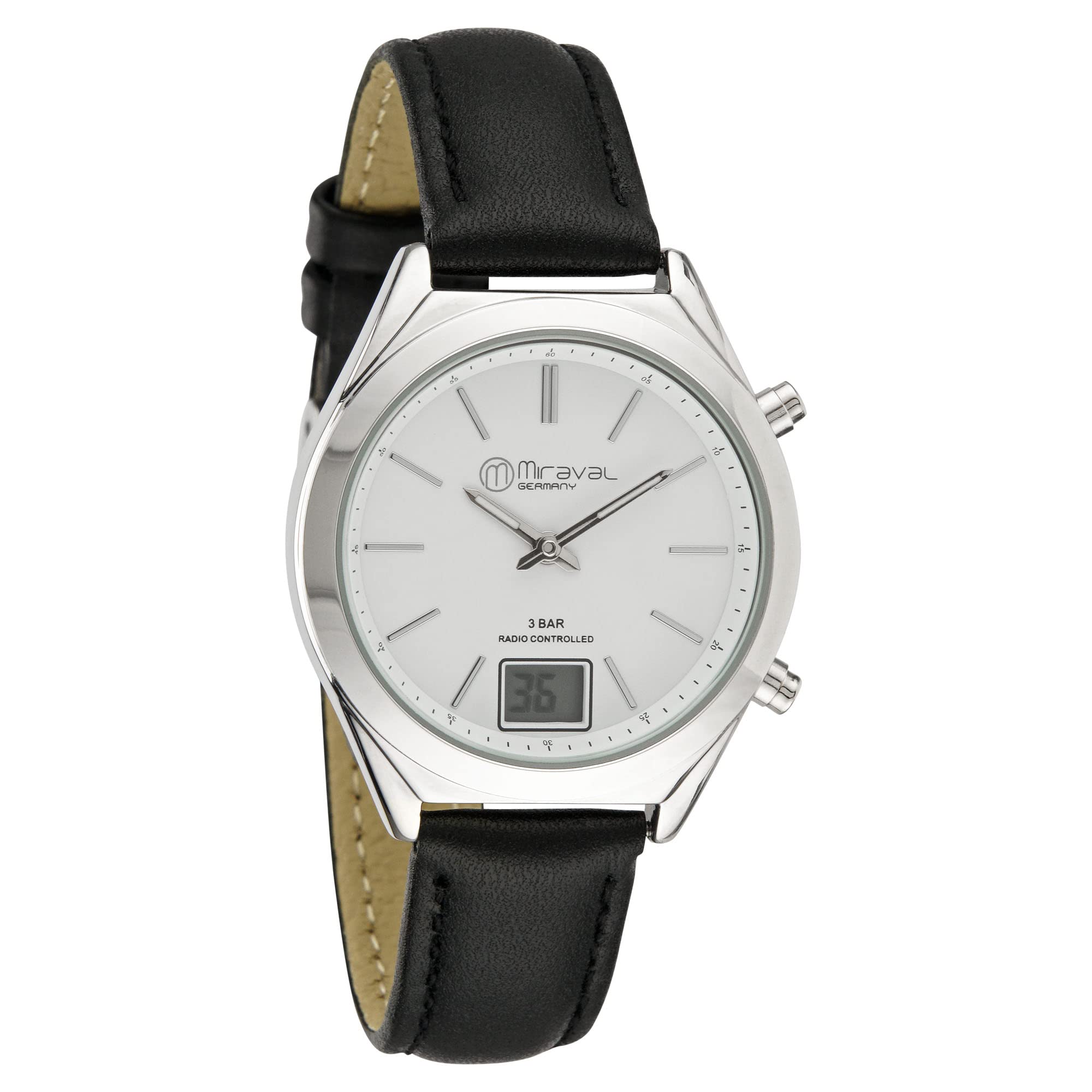 Miraval Funk-Armbanduhr mit Lederarmband Japanisches Quarzuhrwerk Funkuhr 35 mm Leder 16 mm Funksignal DCF77 Damenarmbanduhr Digitale & Analoge Anzeige Datumsanzeige