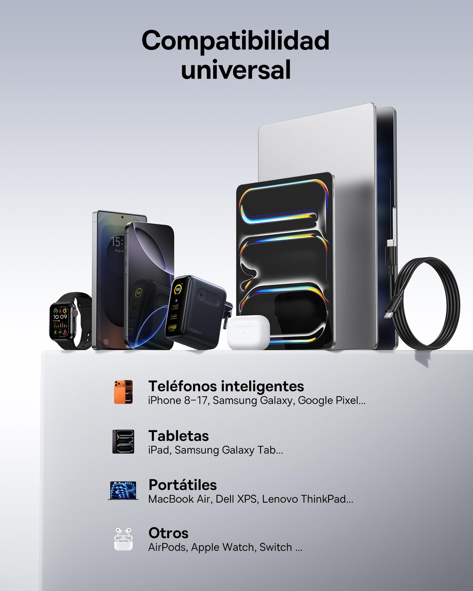 Baseus Picogo Cargador USB C de 100 W, Smart Display & Touch Control, 3 en 1 Potencia de Carga Rápida, Fuente de alimentación GaN avanzada, compatible con MacBook, iPhone 17/16/15/14, Samsung, Pixel y