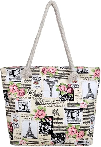 París Torre Eiffel Notas musicales Estampado Floral Lona Tote Bolso de hombro Bolso