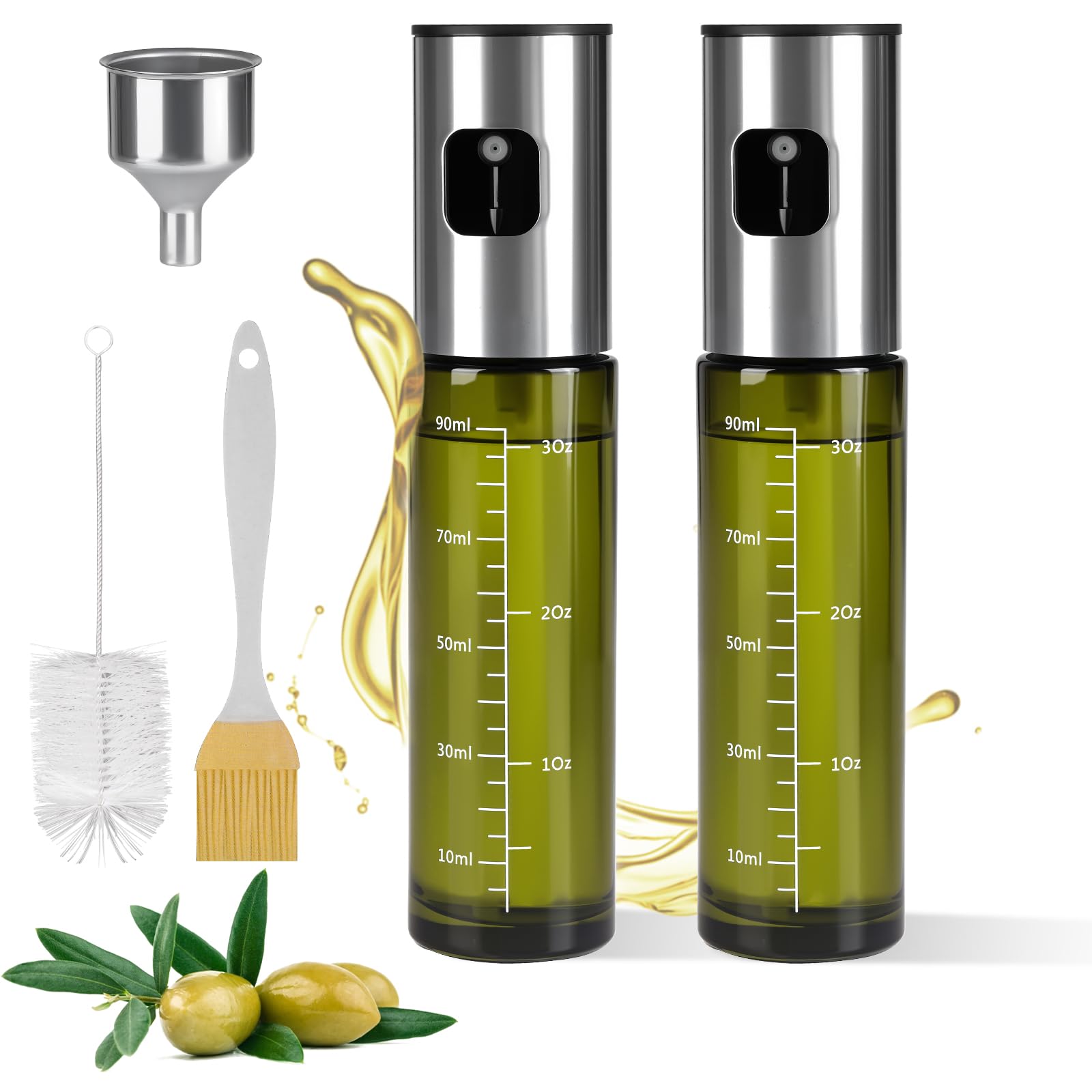 Byitin 2 pezzi Spruzzino Olio per Friggitrice Aria 100ml, Spruzzatore per Olio d'oliva in Vetro Verde con Protezione UV, Vaporizzatore Nebulizzatore Oil per Cucina, Barbecue con imbuto grande