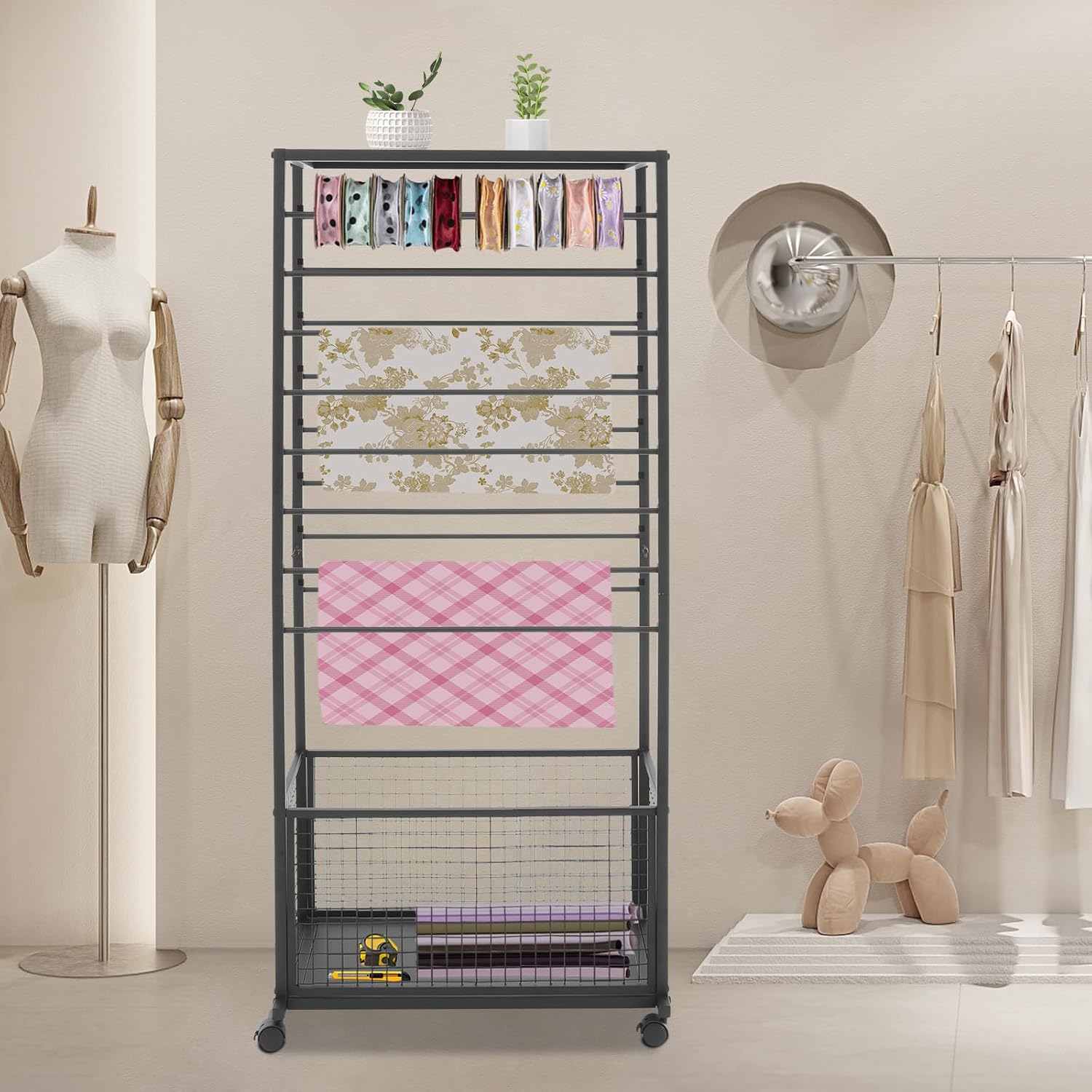 16 Tier Double-sided Ribbon Holder Organizer Rack 26.38 * 12.6 * 59.06in Multifunctional Flower Wrapping Paper Storage Stand Black for Flower Shops, Craft Rooms