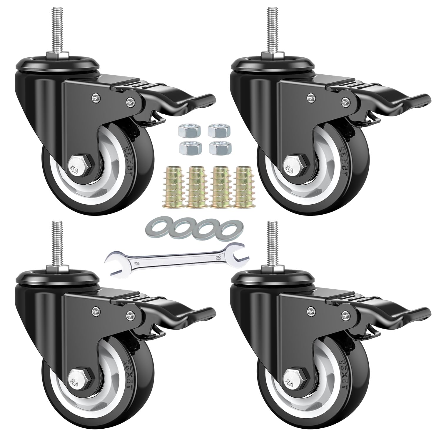 3 Inch Stem Casters, DICASAL Double Brakes Black PU Imperial Inch 5/16"-18x1 Screw Thread 360° Swivel Caster Wheels for Furture Carts DIY Stands 4 Pack