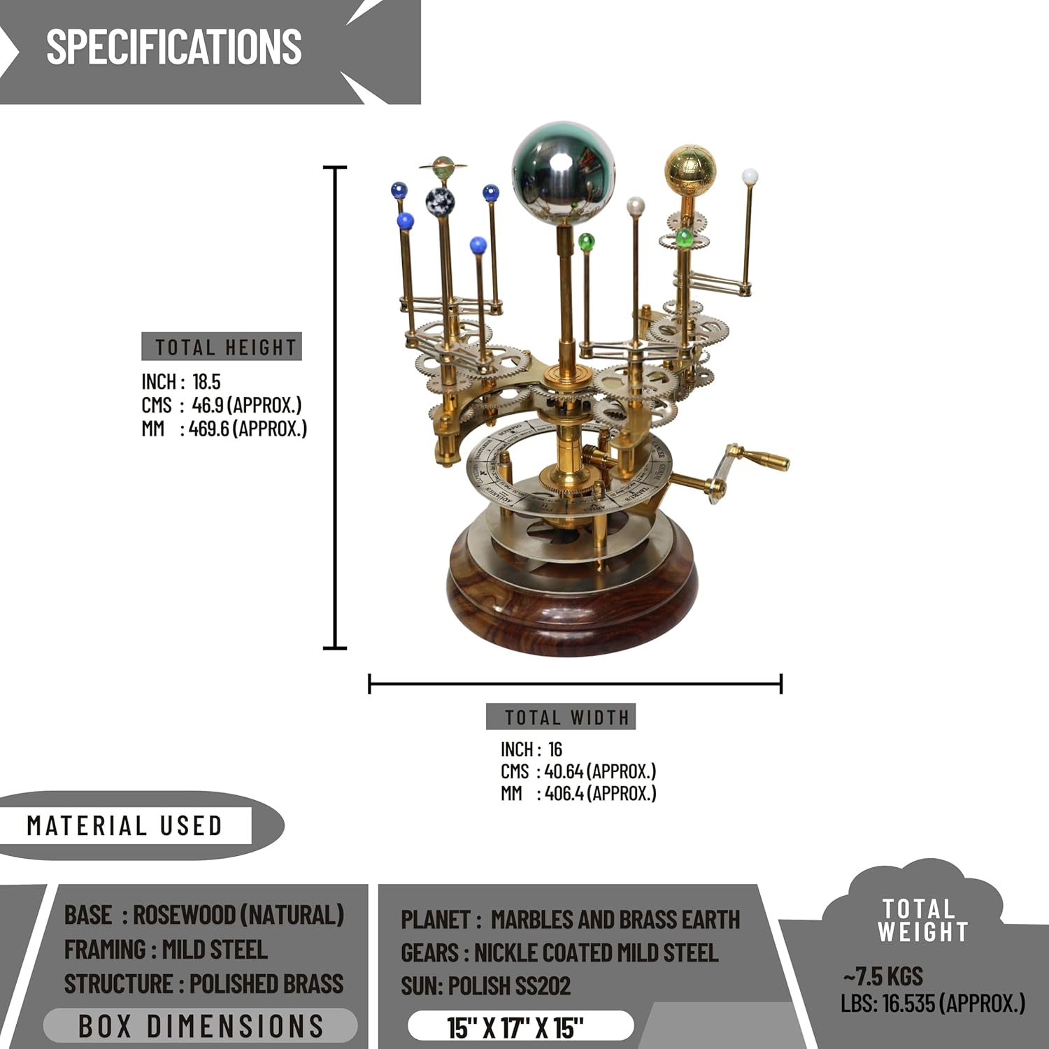 Brass Frame Orrery – Handcrafted Functional Tellurion | Luxury Solar System Model for Astronomy Enthusiasts, Collectors, and Home & Office Decor