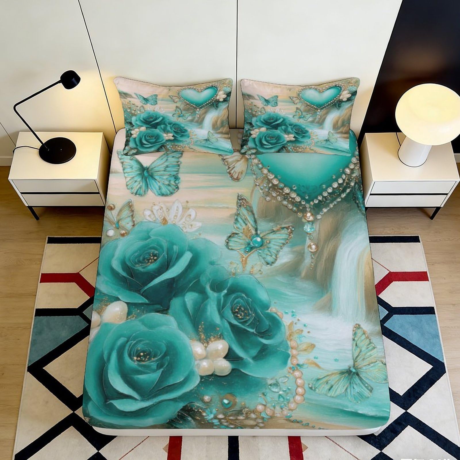 3D Printed Turquoise Rose Fitted Sheet Microfiber Soft Breathable Butterfly Bed Cover for Bedroom Dormitory Guest Room Protection Decor 200x200x25cm