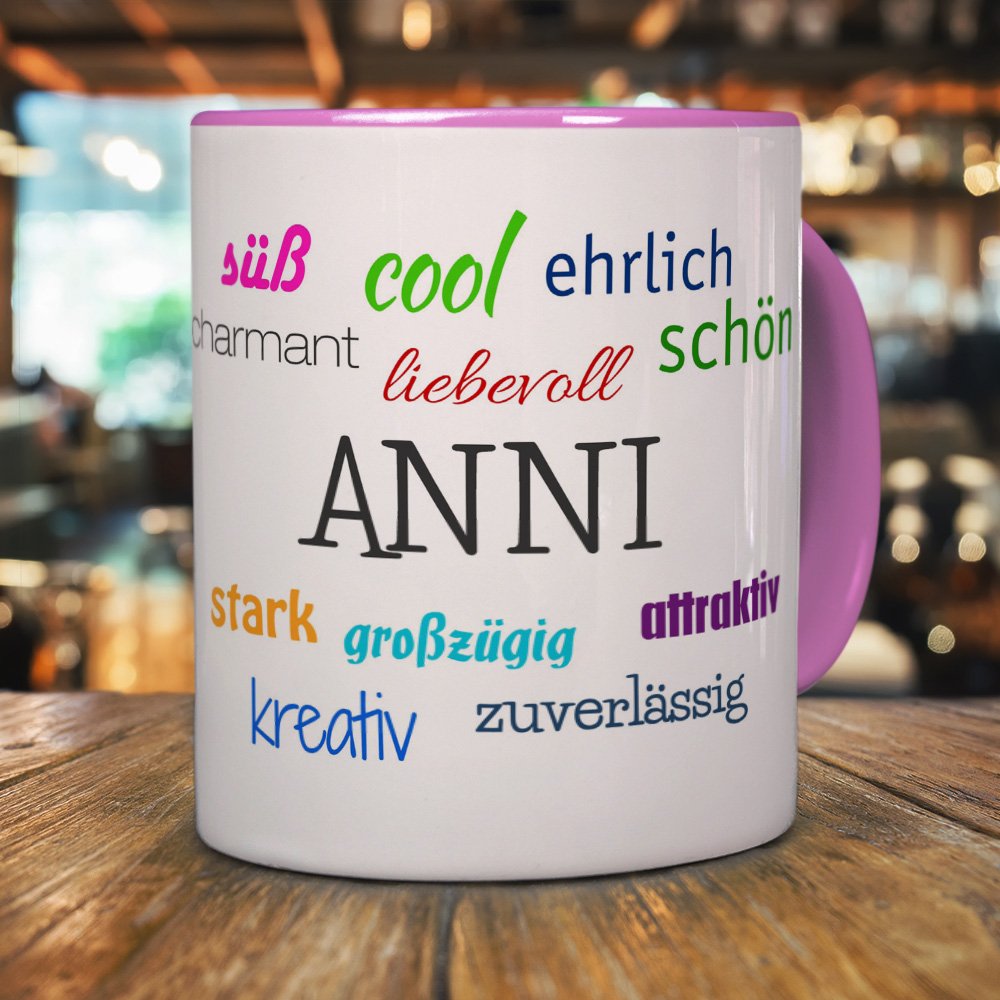 Personalisiere Tasse „Anni“ – Blauer Kaffeebecher Mit Positiven Eigenschaften, 325 Ml, Spülmaschinenfest, Made In Germany