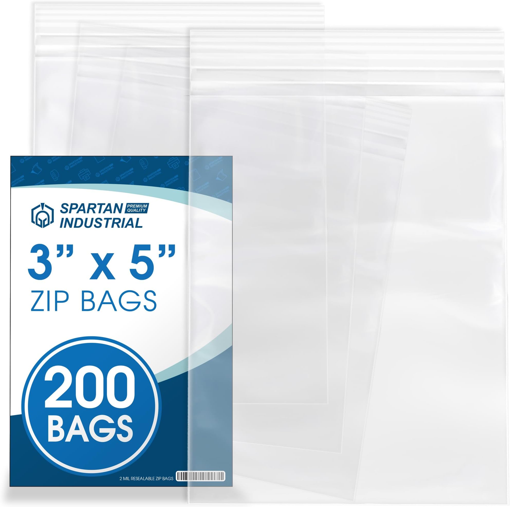 Spartan Industrial - 3” X 5” (200 Count) 2 Mil Clear Reclosable Zip Plastic Poly Bags with Resealable Lock Seal Zipper