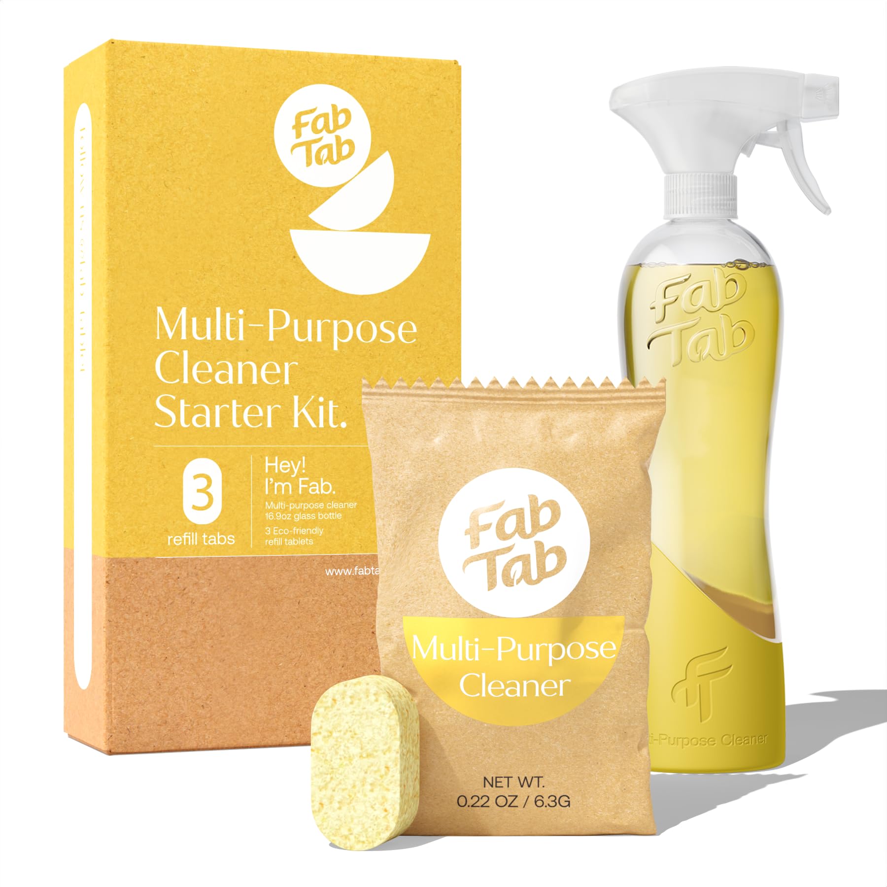 Fab Tab Multi Purpose Cleaner Cleaning Tablets, Eco-Concious Refillable Glass Bottle System with Boutique Hotel Scent, Safe For Family and Pets - Chemical-Free, Plastic-Free - 3 Count