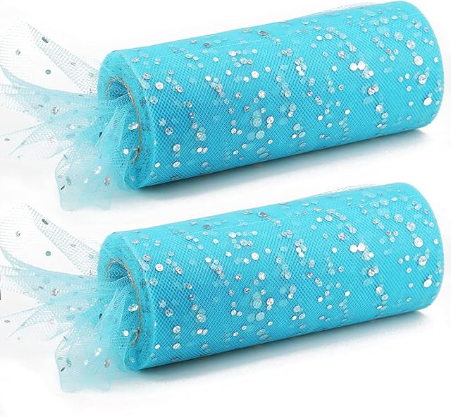 Soft Tulle Fabric Roll with Shiny Sequins 6 Inch 25 Yards 2 Pack (Blue)