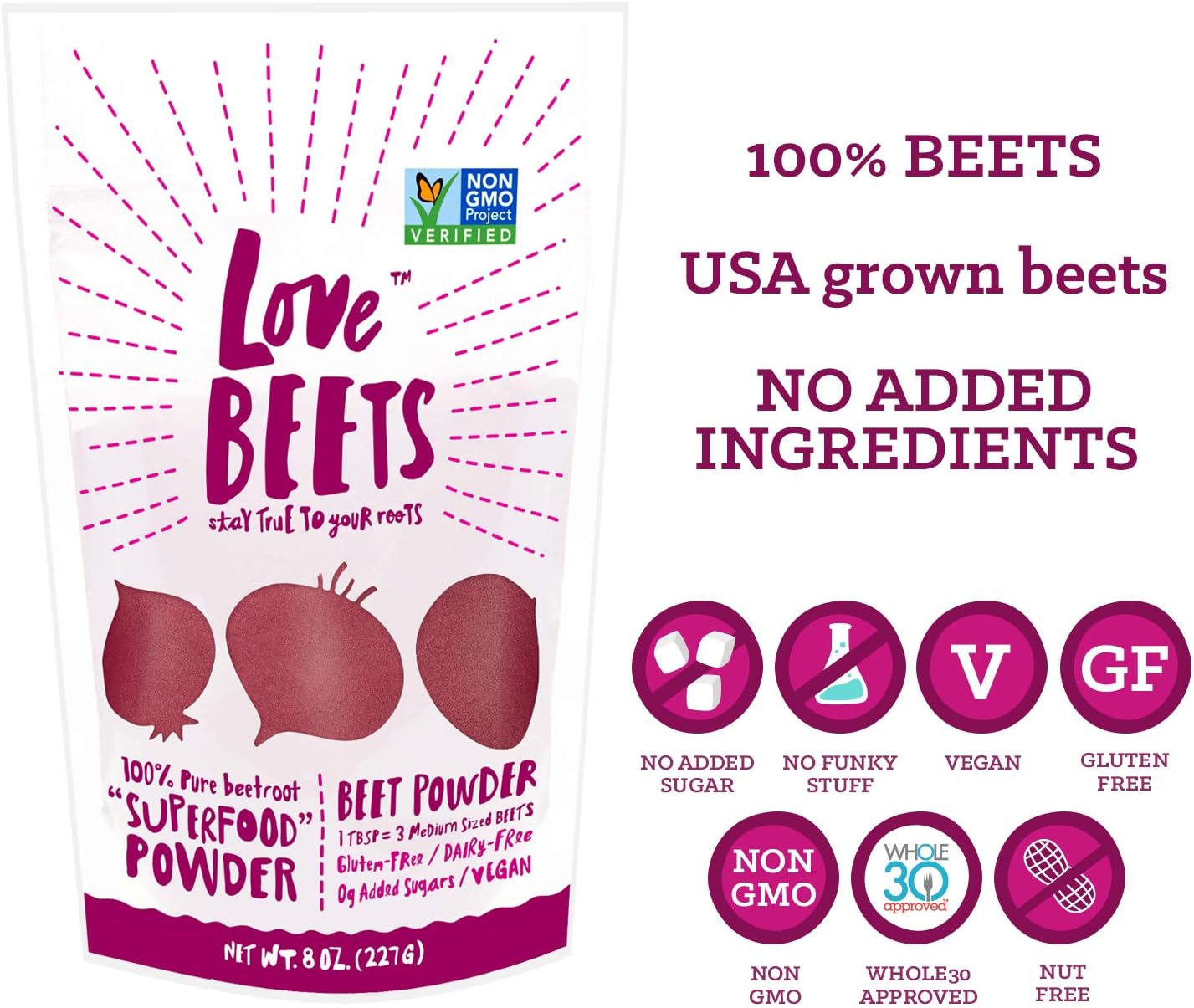 Love Beets Beetroot Powder | USA Grown Beets, No Added Ingredients, Nitric Oxide Boosting, No Added Sugar, No Preservatives, Non-GMO, 8oz, 45 Servings