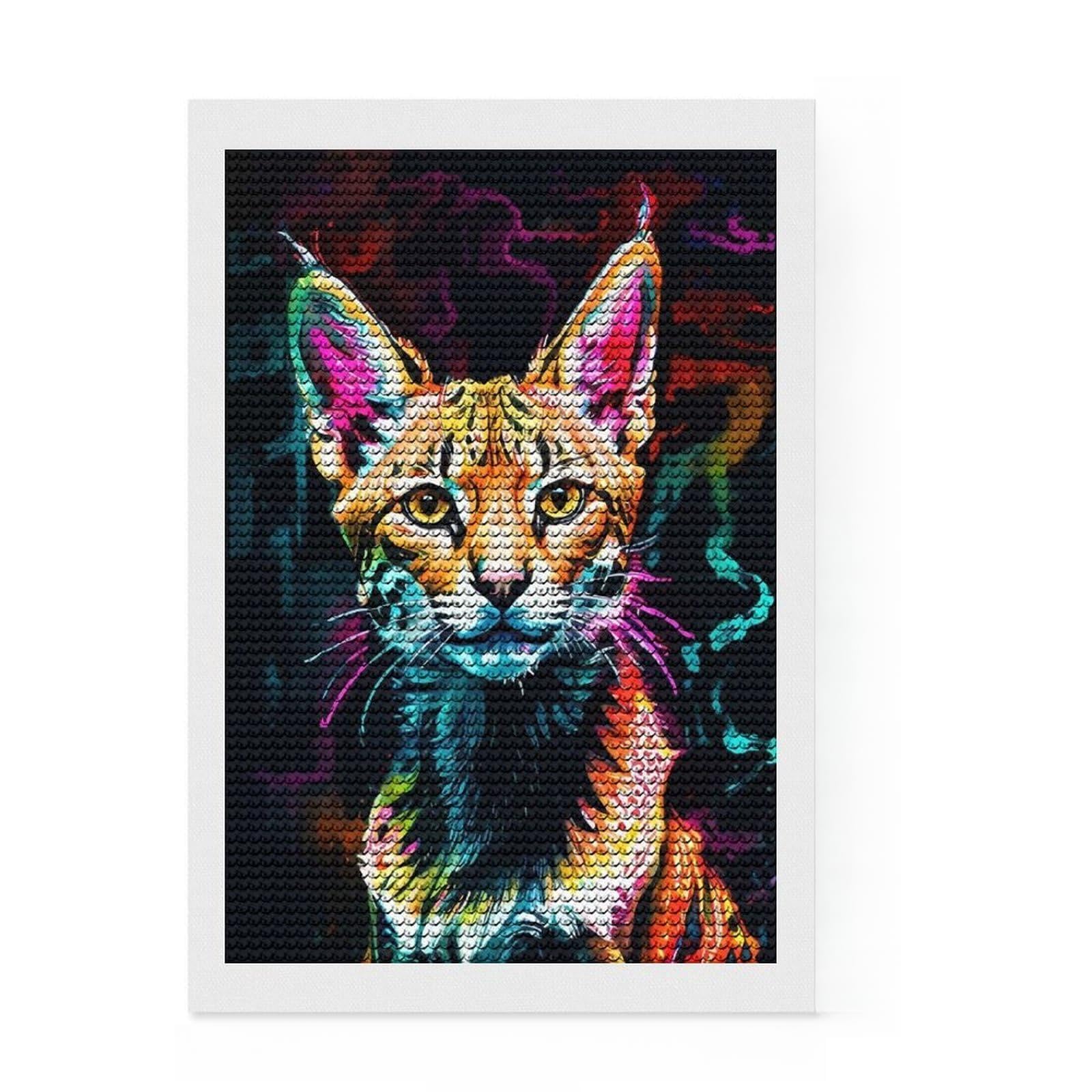 Junmoney Neon Serval Portrait Diamond Painting Kit 8"x12", Decorate Your Room, Neat Printed Canvas, Adhesive Canvas, Bedroom Decor