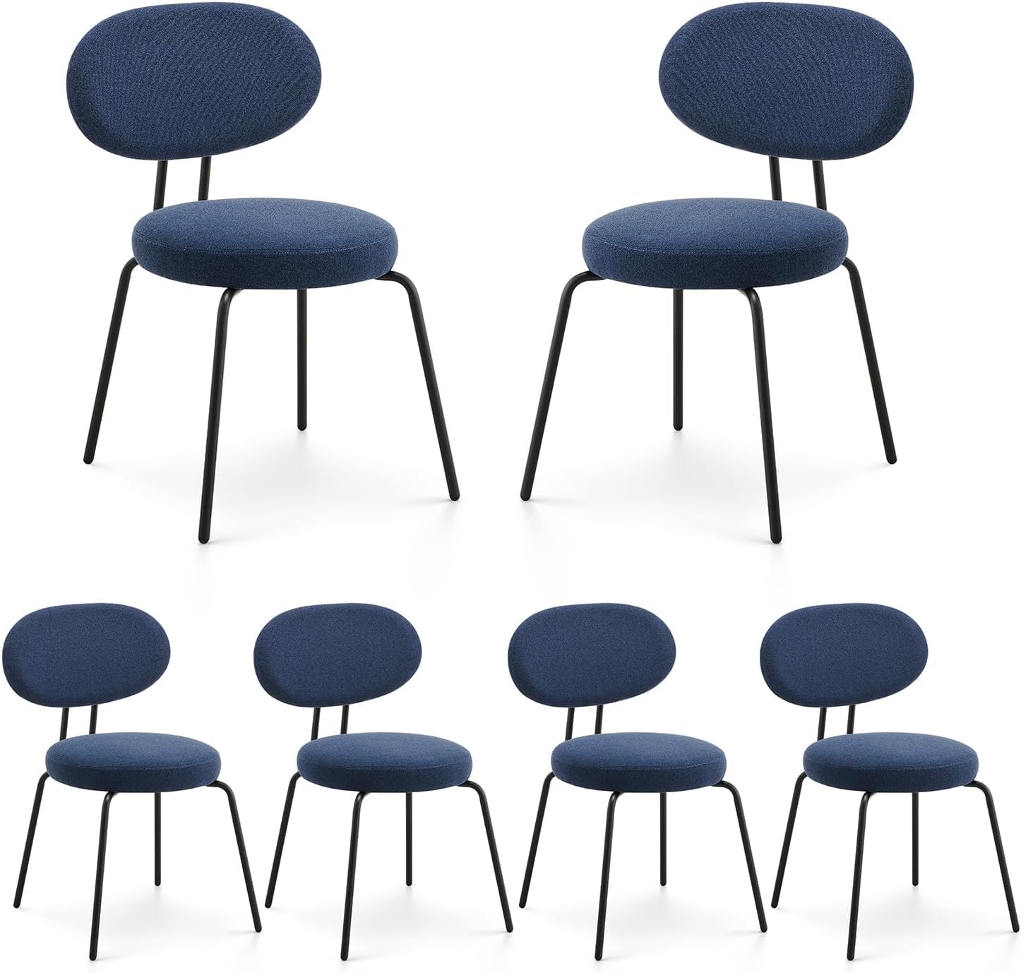 colamy modern dining chairs set of 6, mid centry upholstered dining room kitchen chairs with curved backrest, round seat, black metal legs - blue blue set of 6