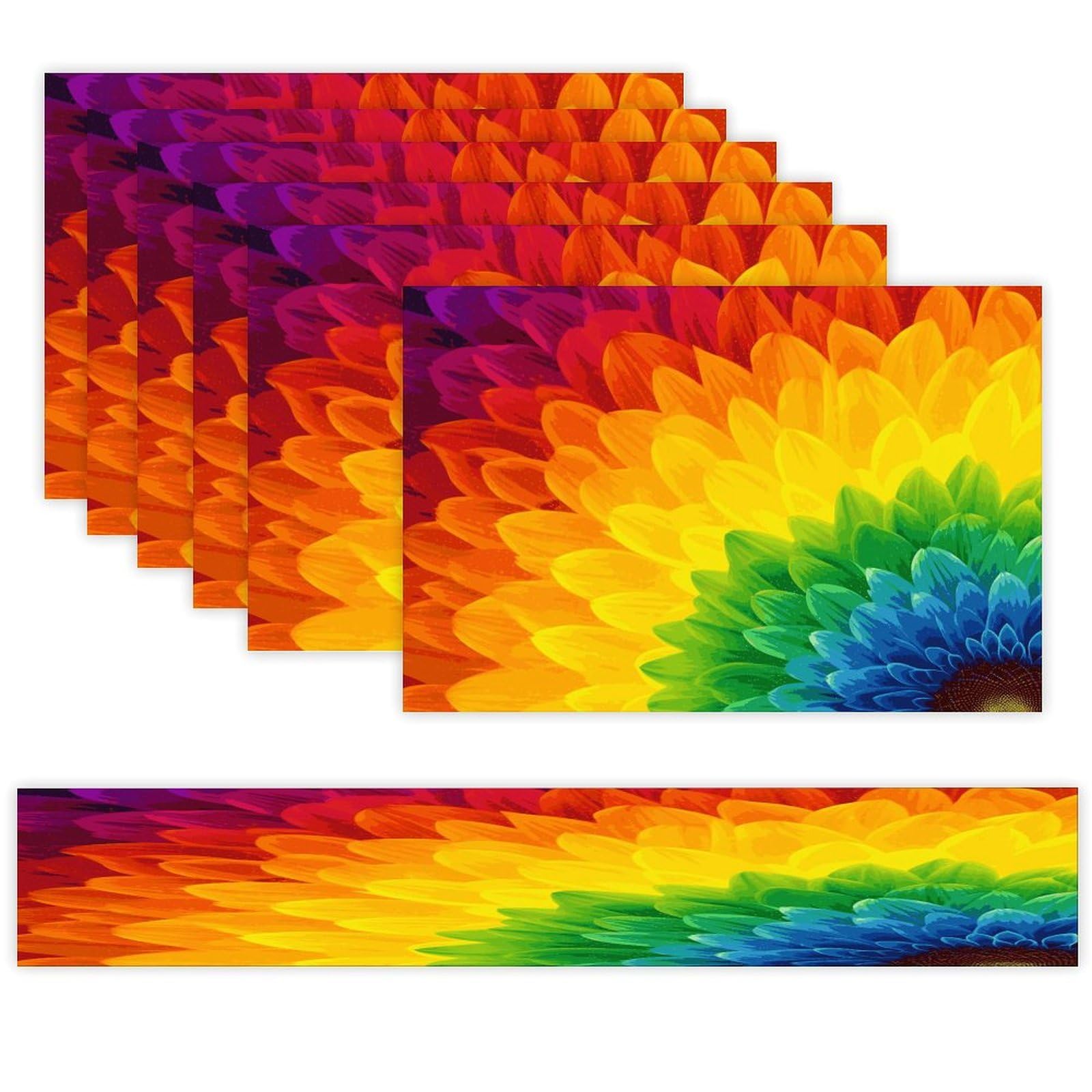 Sunflower Rainbow Table Runner and Placemats Set of 6 for Kitchen Washable Table Mats Heat Resistant Place Mats Non-Slip Place Mat Wipeable Placemat(6 Placemats+1 Table Runner)