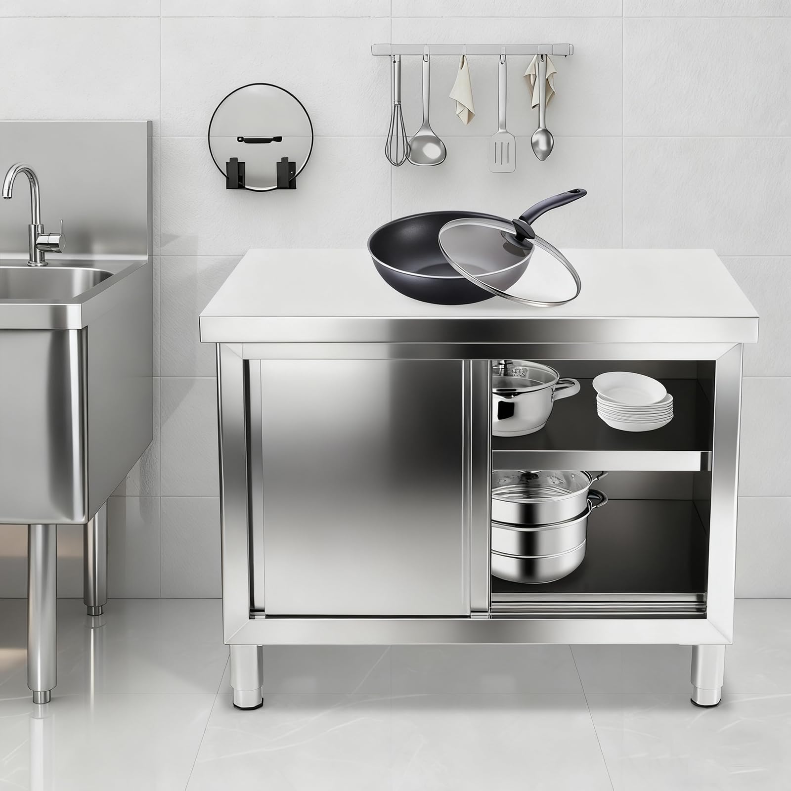 Tavolo da lavoro in acciaio inox con ante scorrevoli, 100 x 50 x 90 cm, indipendente da cucina commerciale, armadio da lavoro con scaffale, robusto tavolo da lavoro, bar, ristorante e officina