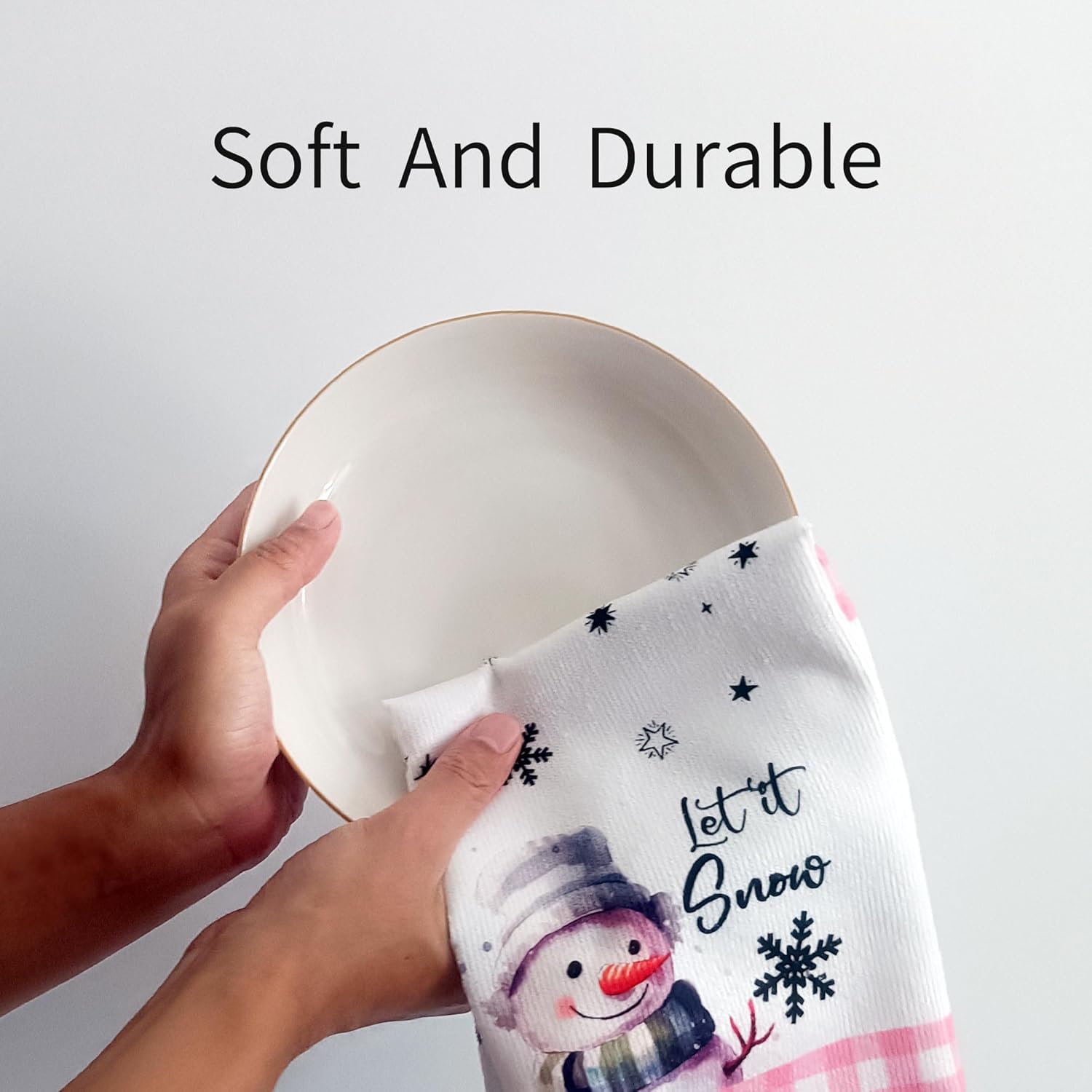 Merry Christmas Kitchen Towels Set of 2,Funny Snowman Dish Towels Holiday Home Indoor Bathroom Party Seasonal Decorations,Cute Pink Buffalo Plaid Farmhouse Decor,Winter Hand Towels - Image 6