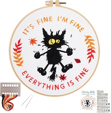 Louise Maelys Cute Cat Embroidery Kits for Beginners with Funny Animal Pattern,Adults Starter Cross Stitch Kit DIY Needlepoint Everything is Fine