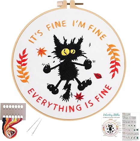 Louise Maelys Cute Cat Embroidery Kits for Beginners with Funny Animal Pattern,Adults Starter Cross Stitch Kit DIY Needlepoint Everything is Fine