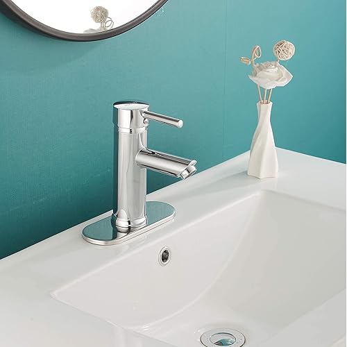 Miniatura 6 de Grifo de lavabo de baño con montaje de drenaje, cromado de una sola manija, un agujero con placa de cubierta, boquilla aireadora para lavabo, grifo