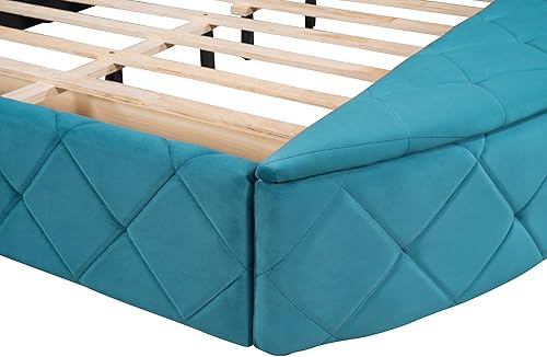 Miniatura 8 de QVUUOU Queen Size Upholstered Platform Bed Bedroom Furniture Pine Wood Bed Frame with Drawer Side Storage Stools and Velvet Wingback Headboard for