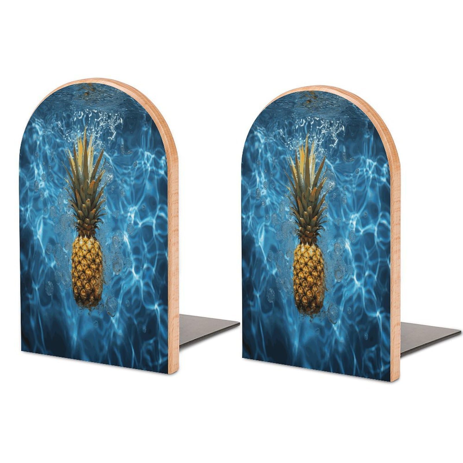 Pineapple in The Pool Bookend for Shelves Non-Skid Book Holder Modern Heavy Duty Bookend Stopper Metal Base Wood Book End Books Shelf Holder Home Decorative 1pair 5x3.9x3.1