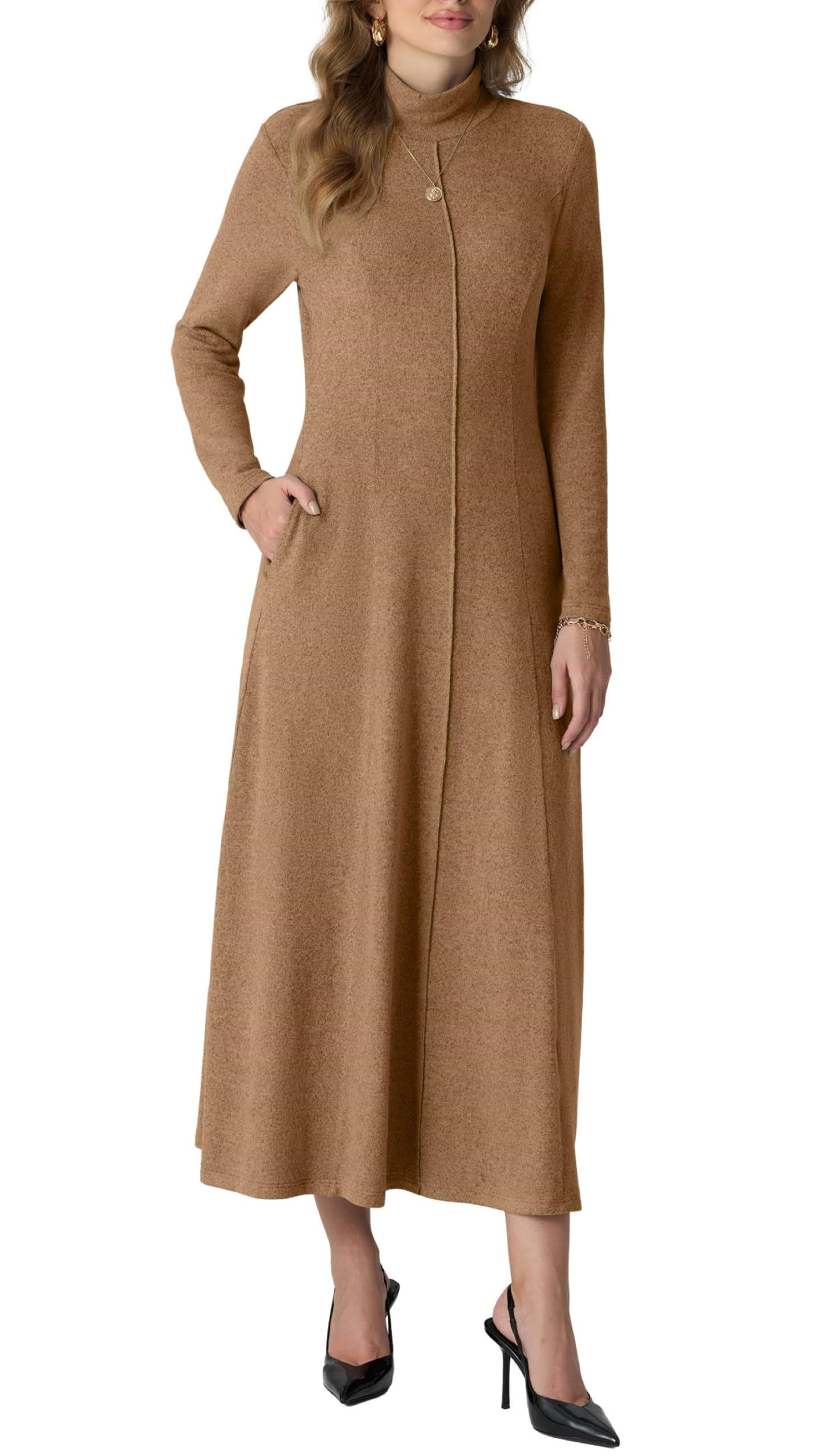 GRECERELLE Robe longue à col roulé pour femme - Manches longues - Automne - Hiver - Élégante - Décontractée - Pour le quotidien, les rendez-vous d'affaires - Extensible - Avec poches
