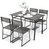 Dining Table Set for 4, 47”L x 28”W Rectangular Kitchen Table w/ 4 Trapezoid Chairs, Reinforced Metal Frame & Storage Rack, Industrial Space-Saving Dinette Set for Kitchen Dining Room (Grey)