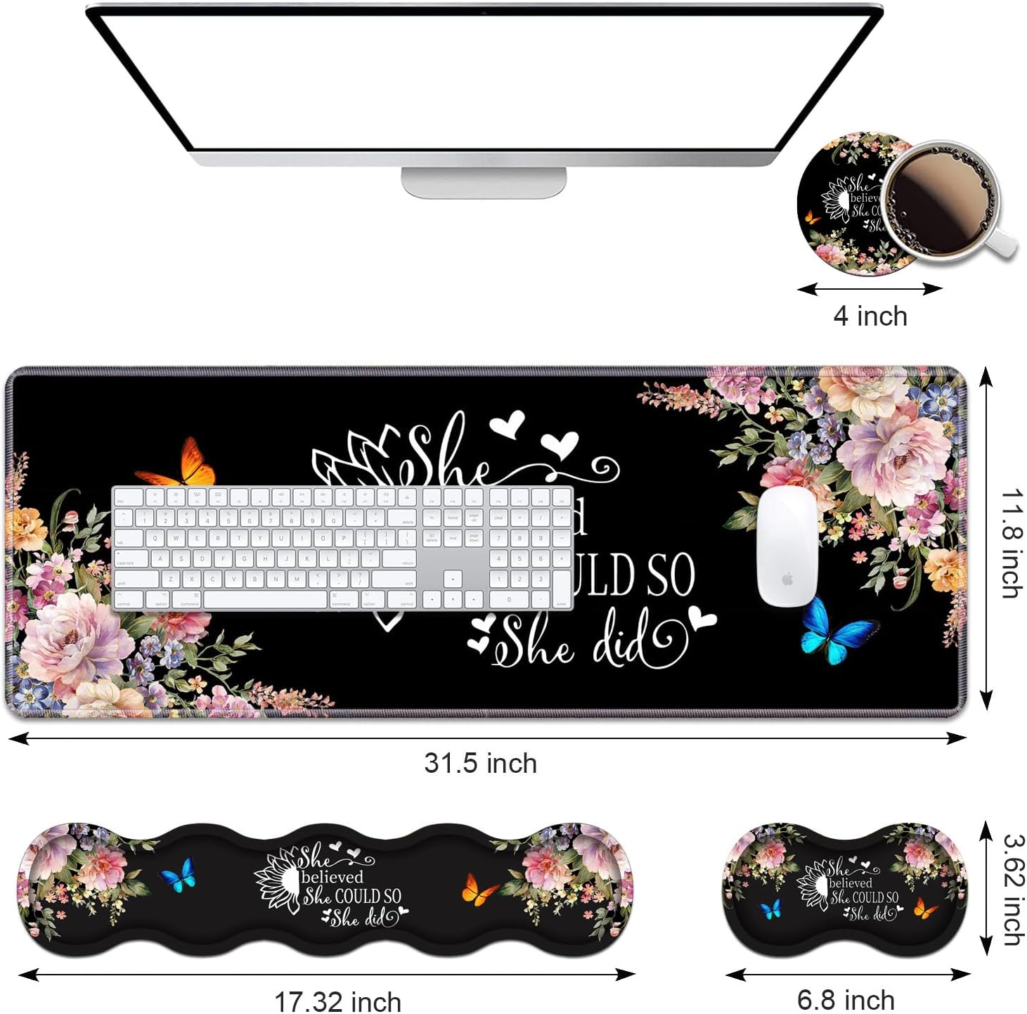 Ergonomic Keyboard Wrist Rest & Mouse Pad Wrist Rest Set, 31.5"x 11.8" Large XXL Gaming Desk Pad Memory Foam Non-Slip Desk Mat for Office & Home, Floral Quote She Believed She Could So She Did