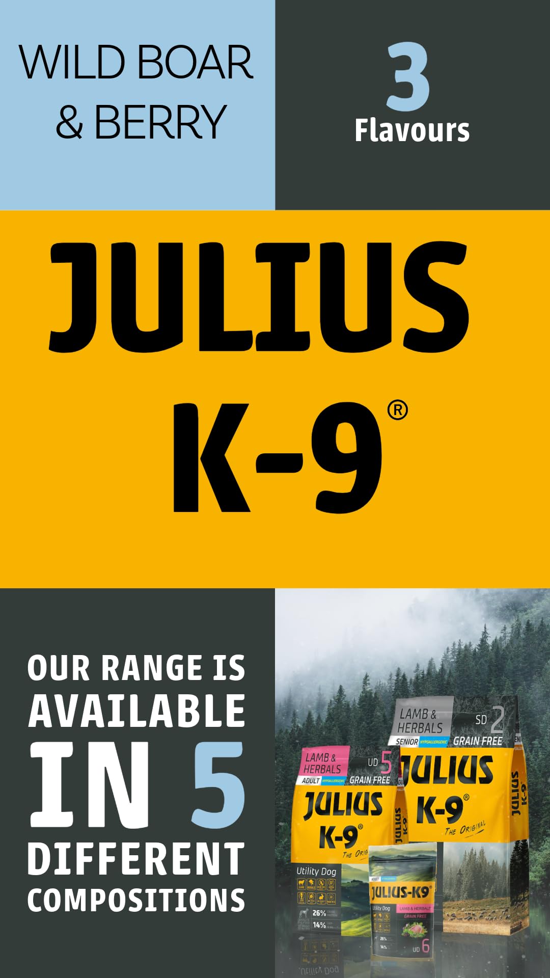 Julius K9 - Getreidefreies und hypoallergenes Hundefutter auf Wildschwein/Lamm/Rind & Kartoffelbasis - Für erwachsene Hunde kleiner Rassen (10kg)