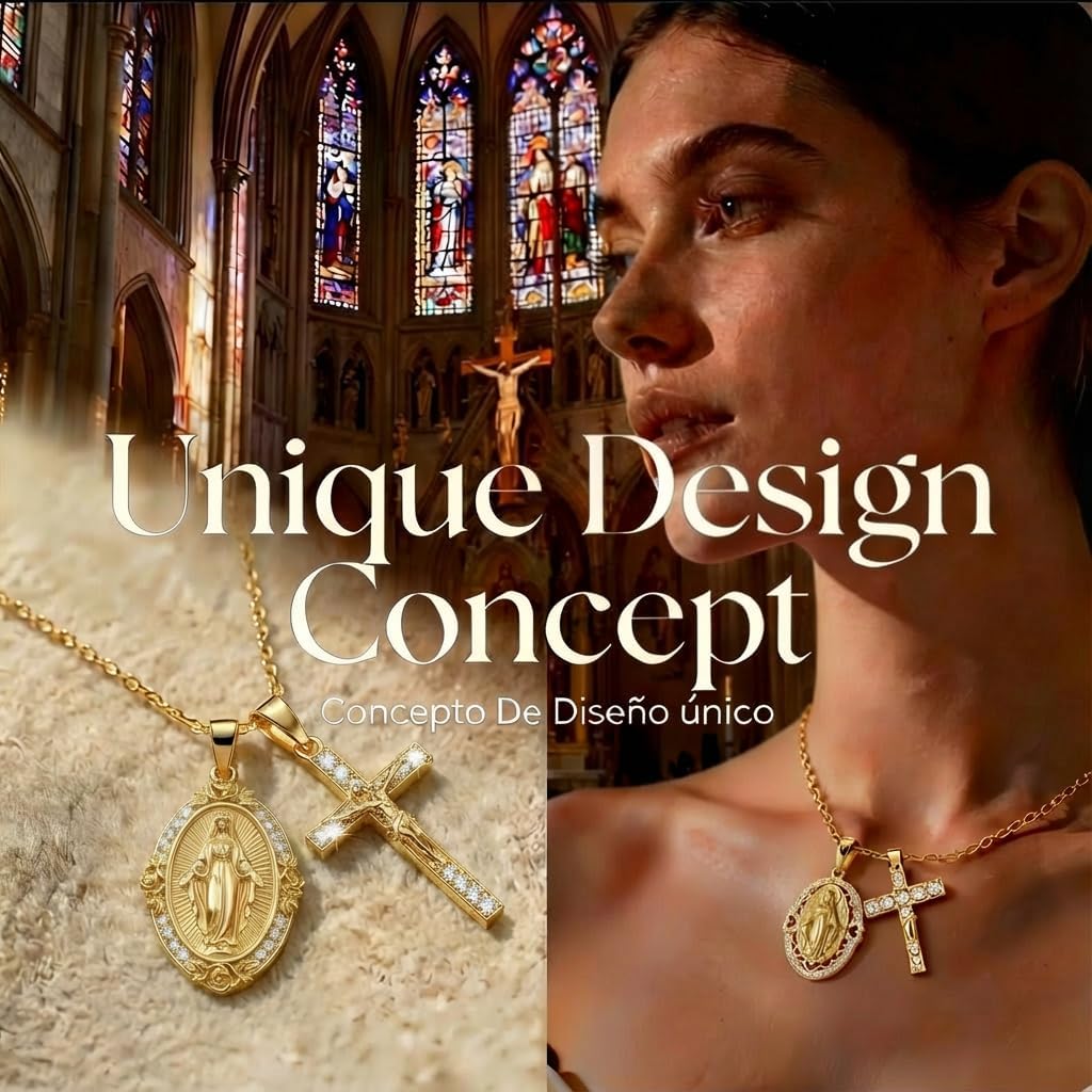 Two-Piece 14K Gold Plated Religious Necklace Set/Virgin Mary Medal and Diamond Cross Pendant S925 Sterling Silver Catholic Marian Devotion Baptism Gift for Women (Collar de la Virgen María)