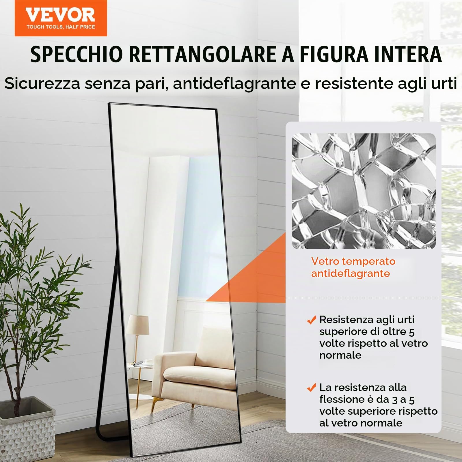 VEVOR Specchio a Figura Intera 1800 x 785 mm Extra Grande da Terra, Rettangolare, da Appendere o Appoggiare, Telaio in Lega di Alluminio, da Toeletta per Camera da Letto, Nero
