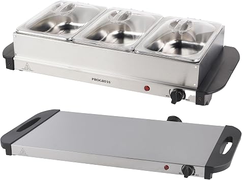 Progress Electric Buffet Server - 3 Pan Hot Plate, 3 x 1.5L Removable Trays & Lids, Food Warmer, 200W Portable Chafing Dish, Adjustable Temperature, Bain Marie, Catering Serving, 52.5 x 24.5 x 14.7cm