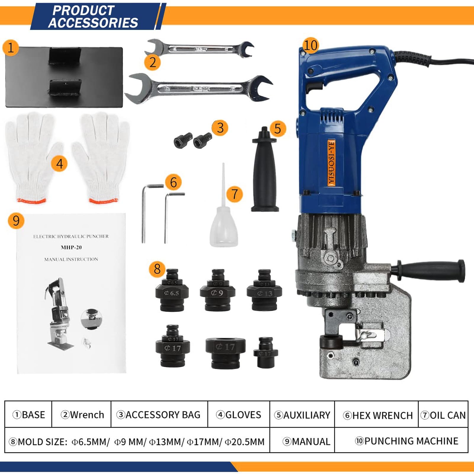 Perforadora hidráulica eléctrica, punzonadora hidráulica MHP-20 con 5 matrices (φ6,5-20,5 mm), velocidad de perforación: 2-3 segundos, posición precisa, for acero, hierro, aluminio