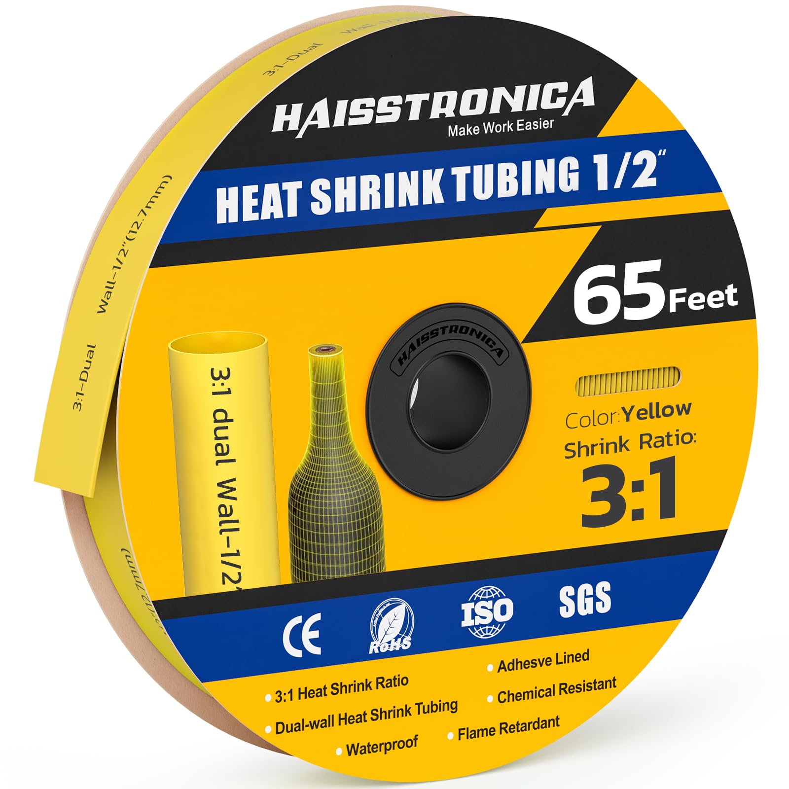 Photo 1 of haisstronica 3:1 Heat Shrink Tubing, Shrink Ratio Adhesive Lined Marine Grade Heat Shrink Tube for Home, Automotive and Industrial (Yellow) 65FT 1/2inch