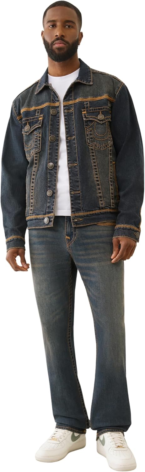 True Religion Men's Super T Flatlock Trucker Jacket – Contrast Stitch Denim Jacket with Logo