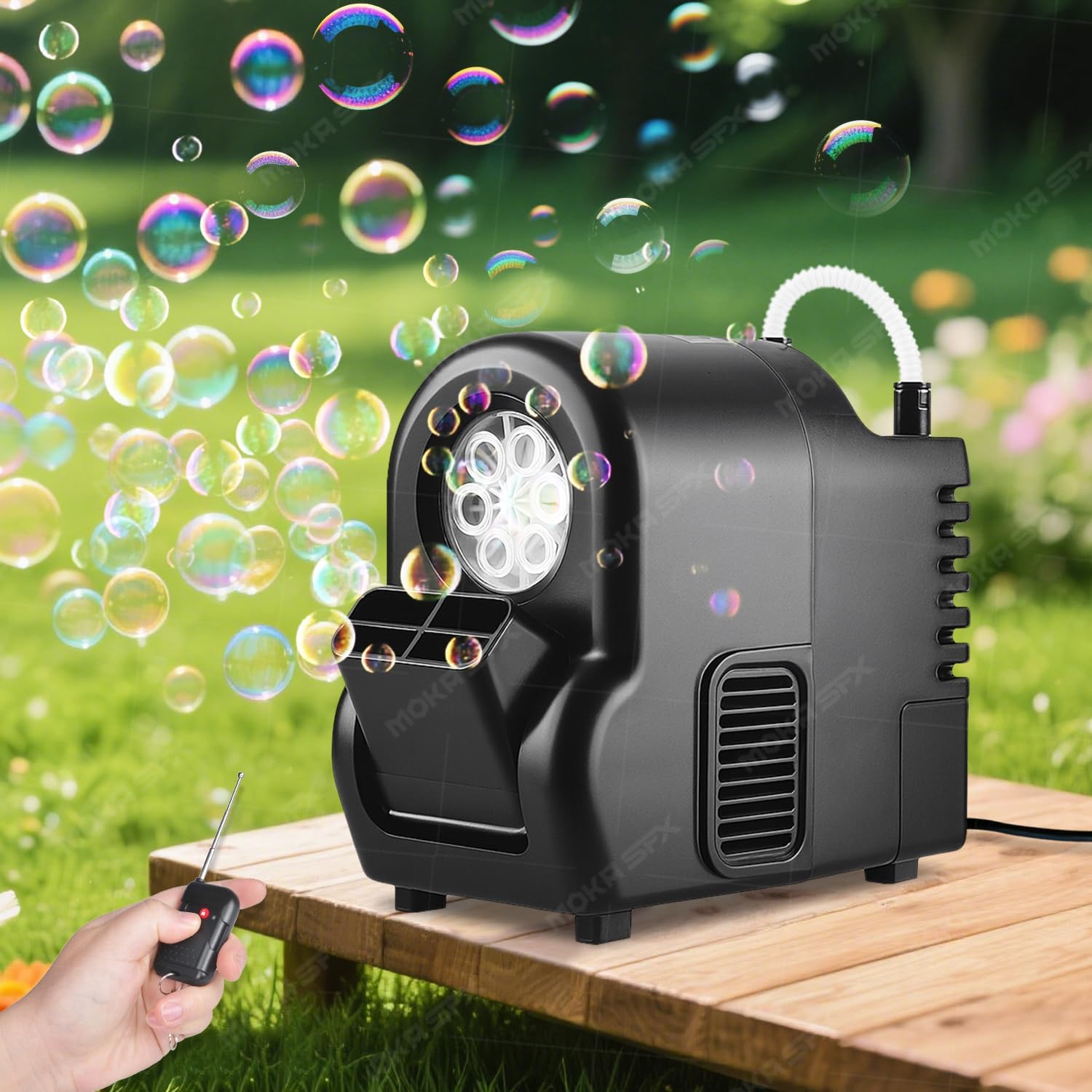Moka Intelligent Fuel-efficient Bubble Machine with Remote Control & Battery Option - 5M Bubble Range,Continuous Operation for Halloween Party Christmas Holiday Events (Bubble)
