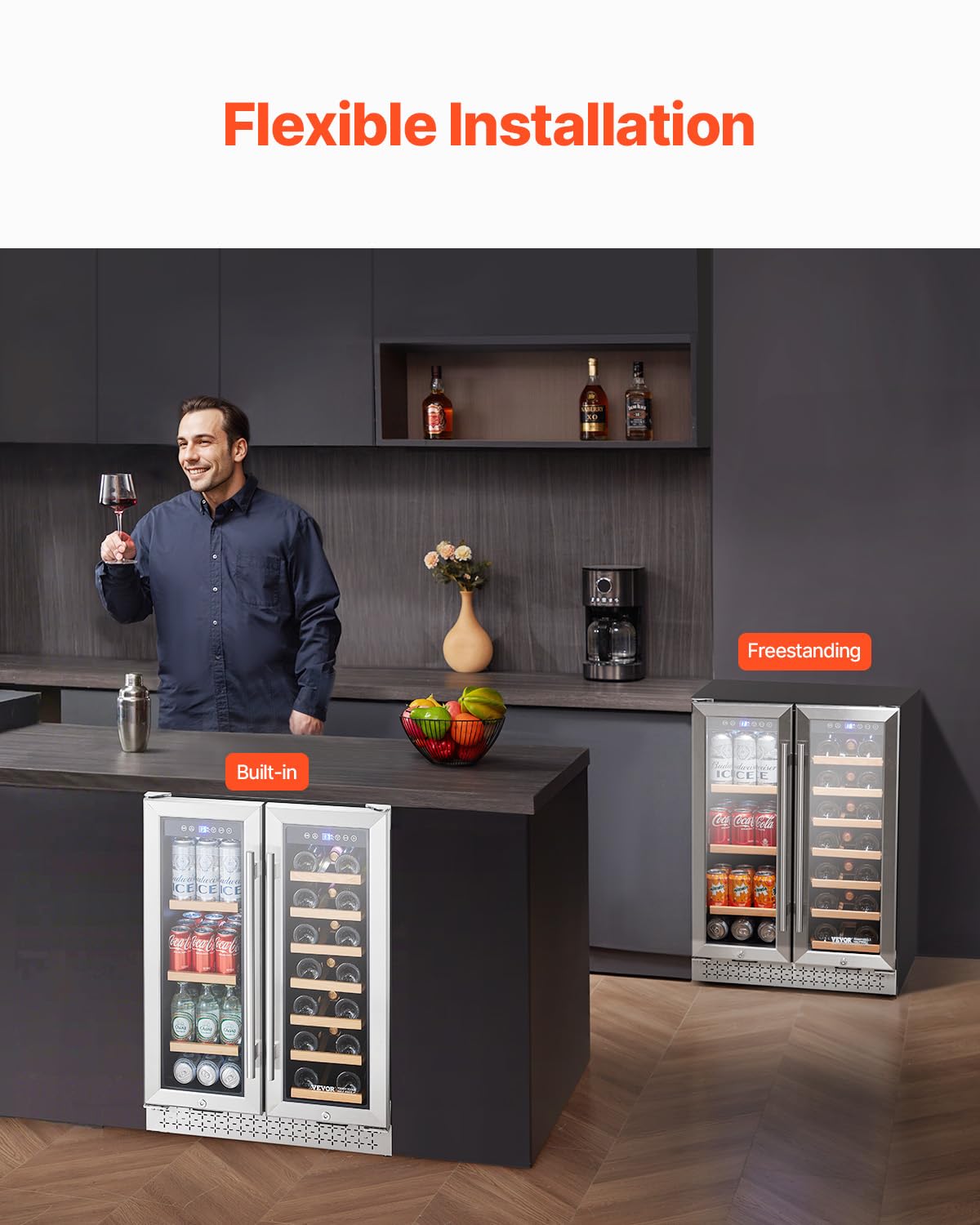 VEVOR Wine And Beverage Refrigerator, 24 In Dual Zone Wine Cooler, Built-In & Freestanding Fridge With Glass Doors, Adjustable Shelves, Digital Temperature Control, 64 Cans And 20 Bottles Capacity on Fridge.com - View 5
