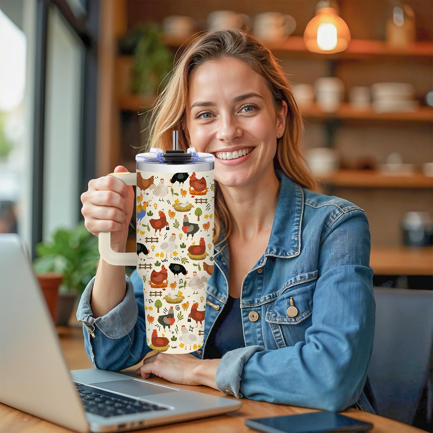 Chicken Gifts for Women - Chicken Tumbler with Handle, 40 oz Stainless Steel Tumbler Vacuum Insulated Coffee Cup Travel Mug, Mothers Day & Birthday Gifts for Women Chickens Lovers (with Lid and Straw) - Image 3