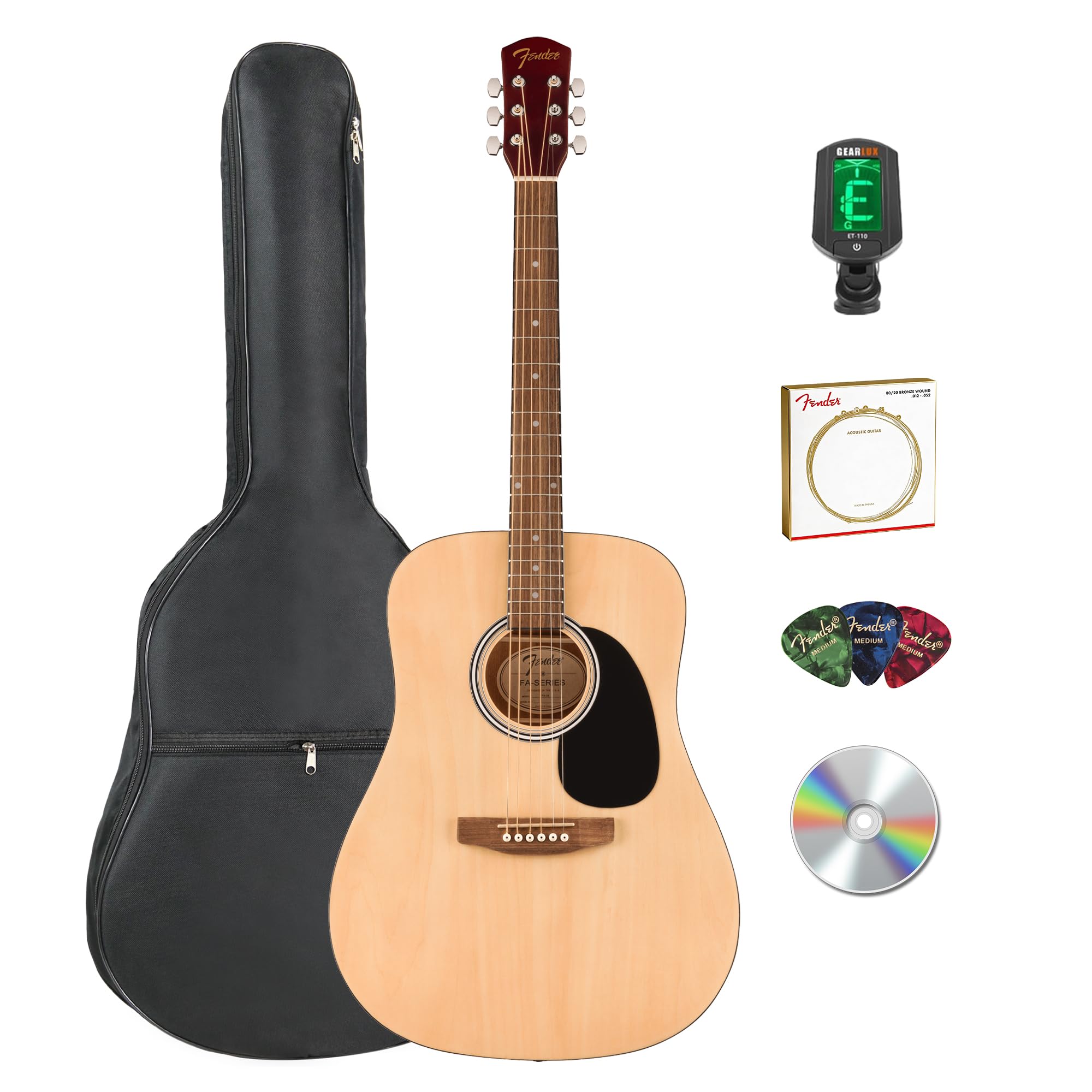 Fender Dreadnought Acoustic Guitar - Natural Bundle with Gig Bag Tuner Strings Picks and Austin Bazaar Instructional DVD