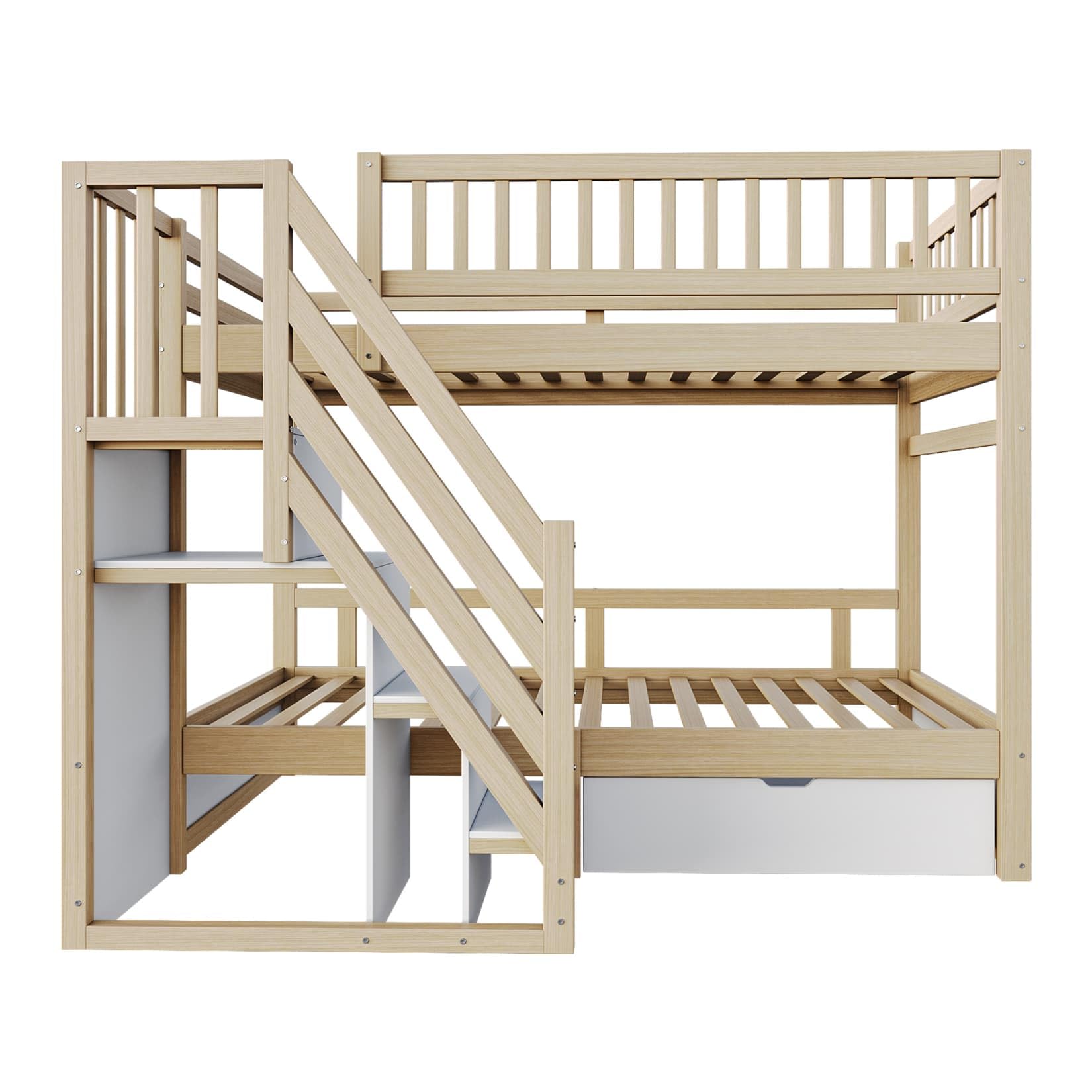PUGSDRLY Lit Superposé 90x200cm en Bois Massif,Lit Mezzanine Enfant 2 Places avec échelle Rangement et 1 Tiroir,Sommier à Lattes,Barrière de Sécurité Haute (Naturelle, 90x200)