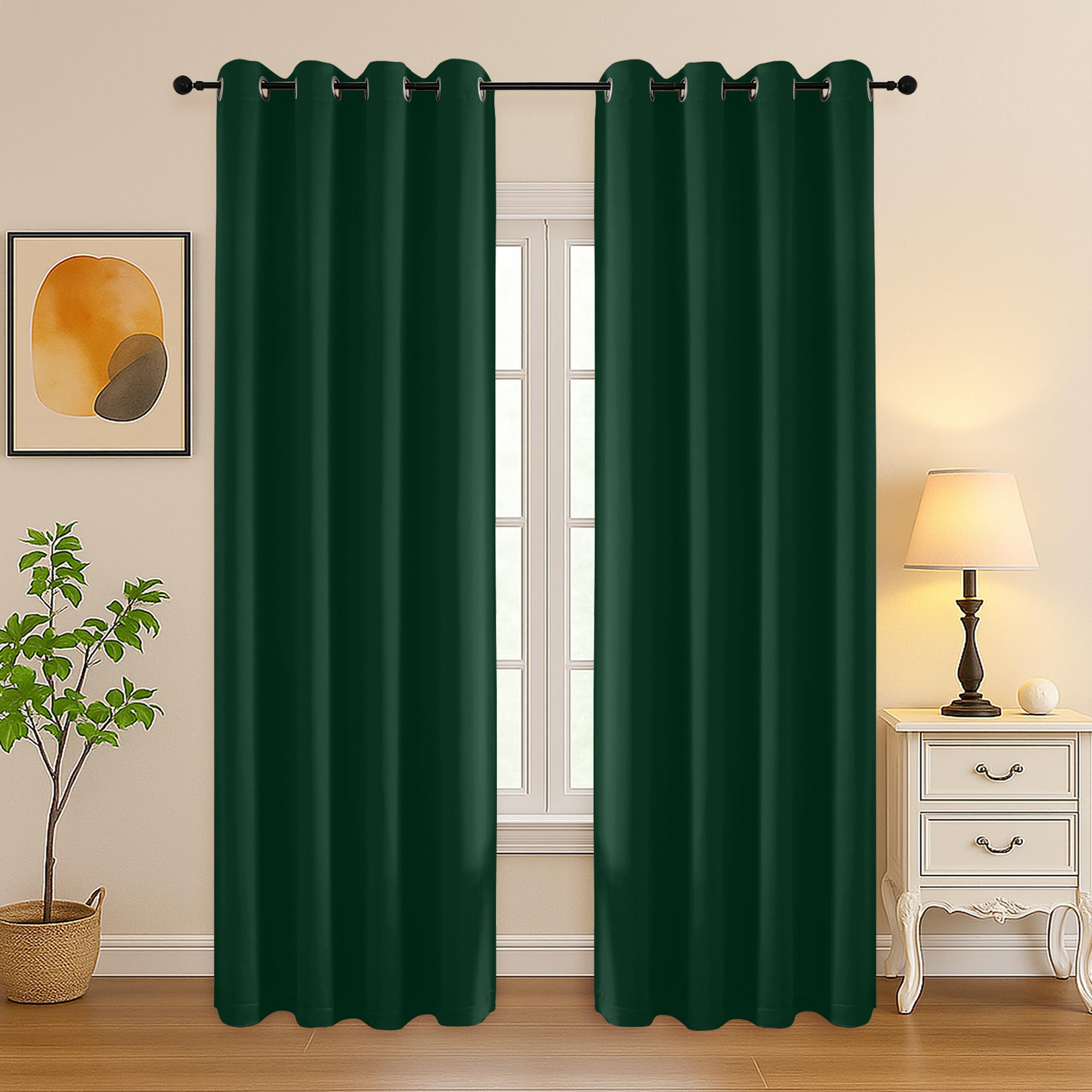 Simplebrand Ever Green Room Darkening Curtains for Bedroom Living Room 84 Inch Length 2 Panels Set, Thermal Insulated Curtains &amp; Drapes, Solid Grommet Noise Reducing Window Treatment, W50 x L84 Inch