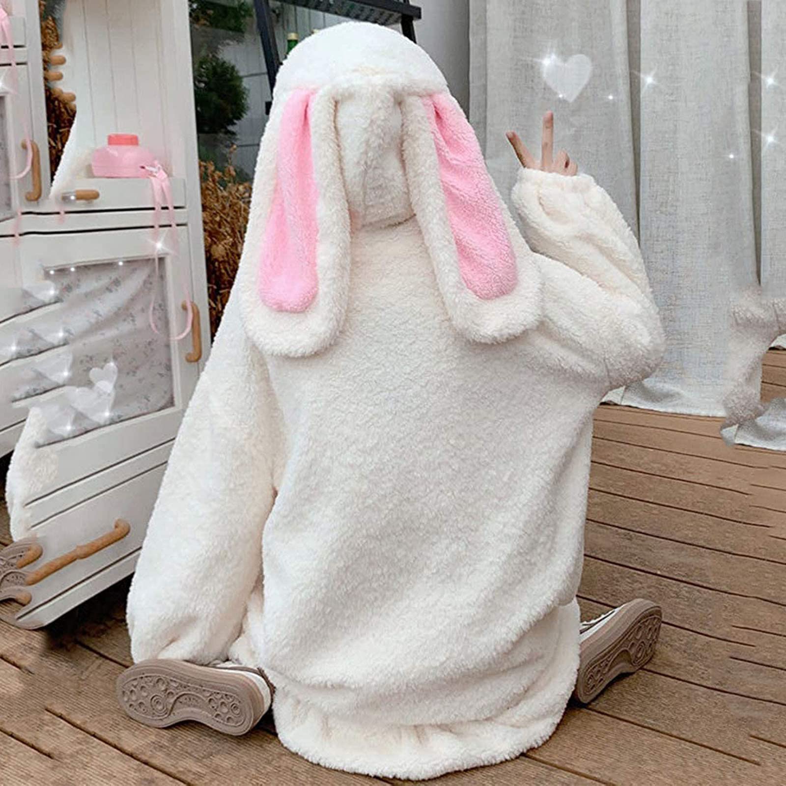Hasenpullover mit Ohren, niedlich, mit Hasenohren, Kapuze, Ohren, Schwanz, durchgehender Reißverschluss, Baumwoll-Kapuzenpullover für Damen, Tier, Hasenohren, Hasenohren, Kapuzenpullover, niedlicher