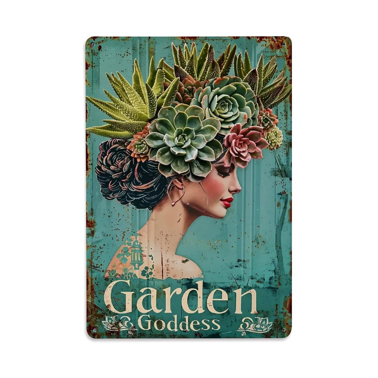 Nestemfo Vintage Succulent Crown Woman Profile Art Tin Sign Metal Sign, Living Room,Bar, Home, Bedroom Wall Decor,Retro Metal Poster 8X12 Inches